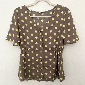 Butter Yellow Polka Dot Blouse NEW Top Shirt Buttons Gathered Waist Size Medium